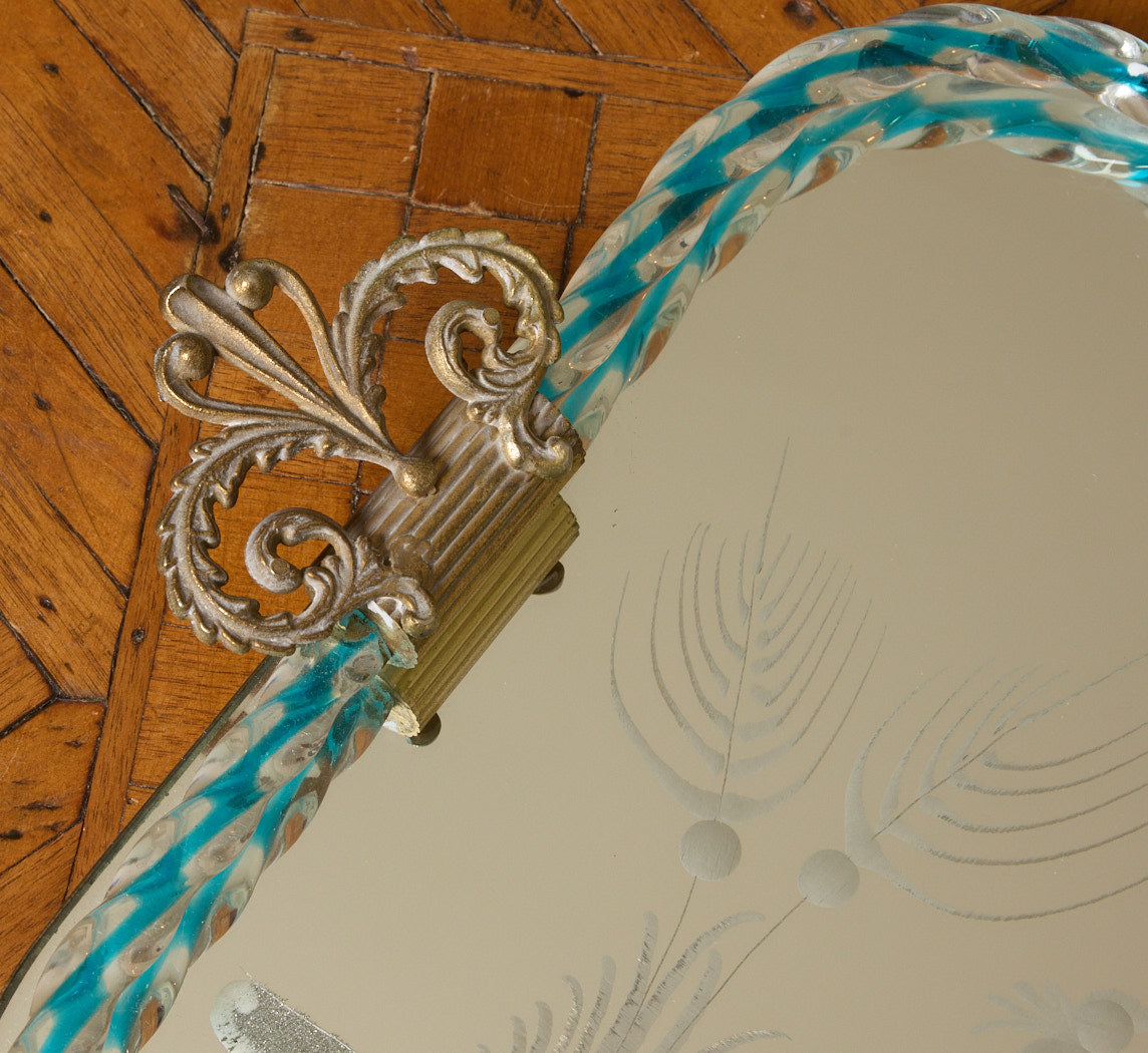 1950S ITALIAN ETCHED MURANO GLASS VANITY TRAY WITH BLUE TWISTED EDGE