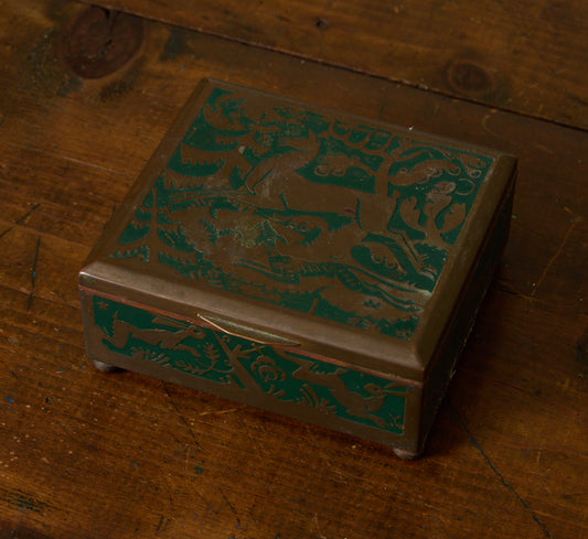 VINTAGE JAPANESE BRASS BOX WITH WOODLAND ANIMAL ETCHING