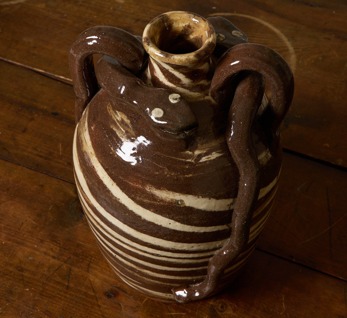 AMERICAN FOLK ART EARTHENWARE SWIRL SNAKE JUG