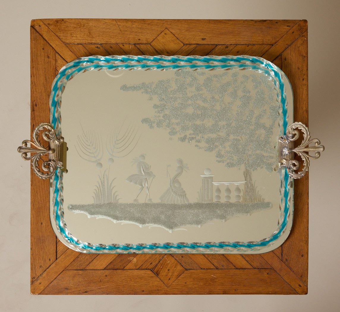 1950S ITALIAN ETCHED MURANO GLASS VANITY TRAY WITH BLUE TWISTED EDGE