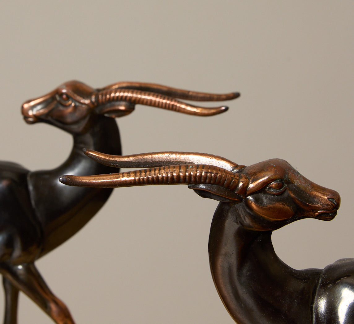 PAIR OF 1930S MARBLE & SPELTER GAZELLE BOOKENDS