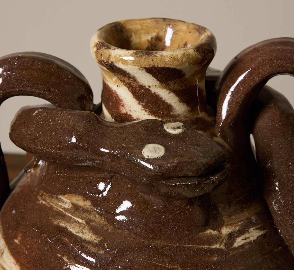 AMERICAN FOLK ART EARTHENWARE SWIRL SNAKE JUG