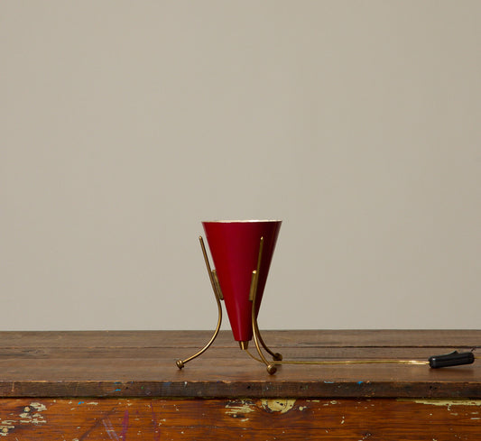 1950S ITALIAN BURGUNDY AND BRASS TRIPOD LAMP