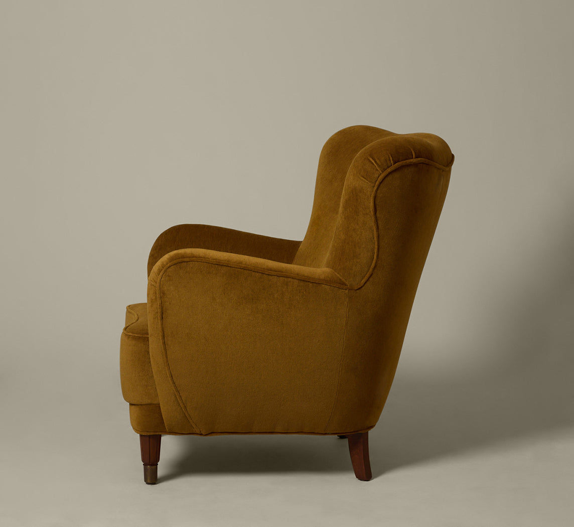 1950S FRITZ HANSEN DANISH LOUNGE CHAIR IN AGED BRONZE MOHAIR