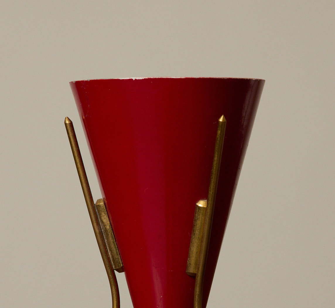 1950S ITALIAN BURGUNDY AND BRASS TRIPOD LAMP