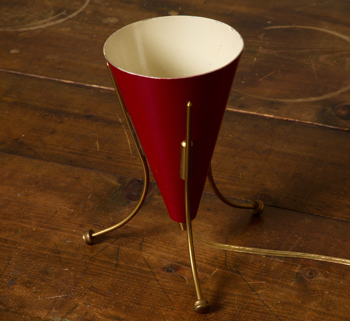 1950S ITALIAN BURGUNDY AND BRASS TRIPOD LAMP