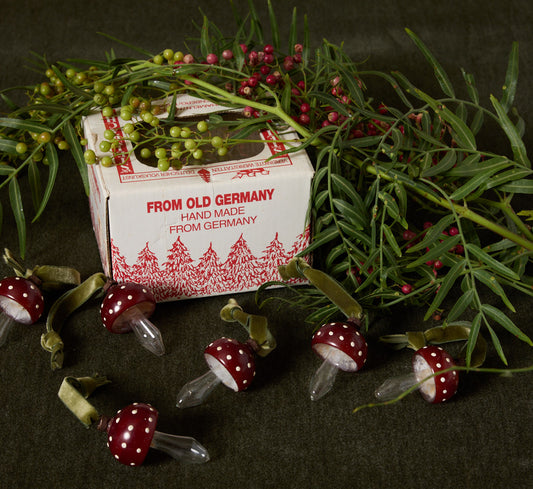 VINTAGE GLASS BLOWN MUSHROOM ORNAMENT (SET OF 6)