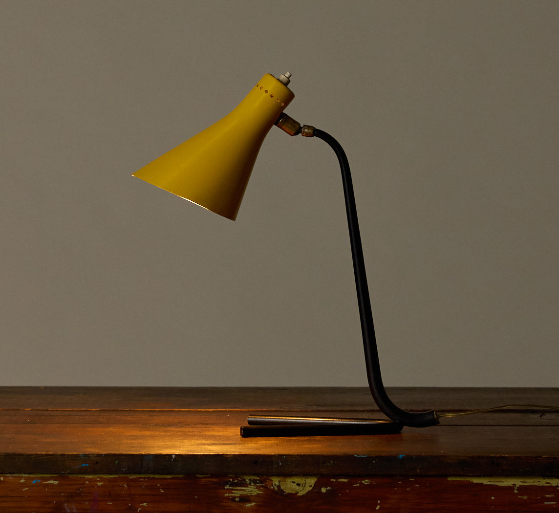 ITALIAN METAL FOOTED TABLE LAMP WITH YELLOW ENAMEL SHADE