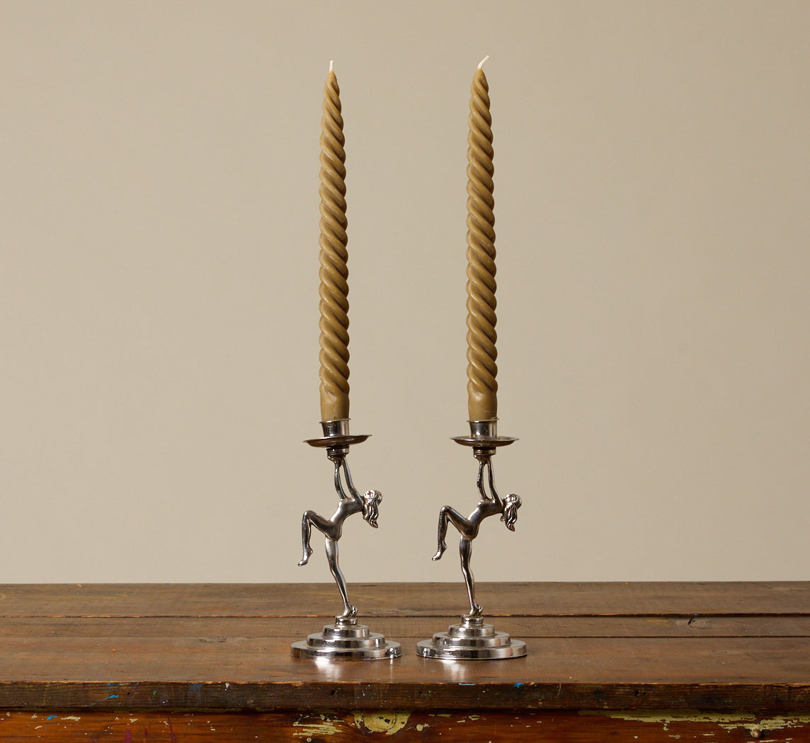 PAIR OF CHROME ART DECO DANCING LADY CANDLESTICK HOLDERS