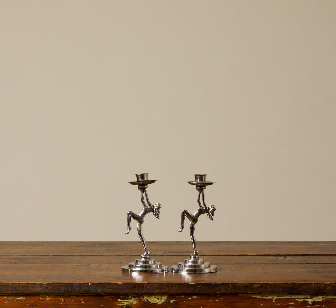 PAIR OF CHROME ART DECO DANCING LADY CANDLESTICK HOLDERS