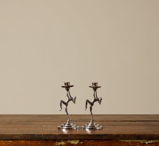 PAIR OF CHROME ART DECO DANCING LADY CANDLESTICK HOLDERS