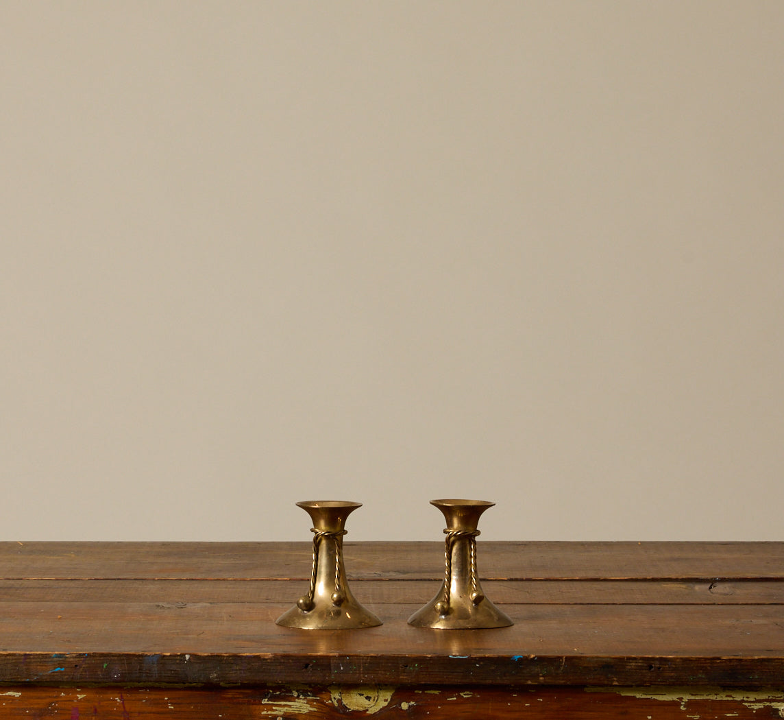 PAIR OF VINTAGE BRASS CANDLESTICKS WITH ROPE TASSELS