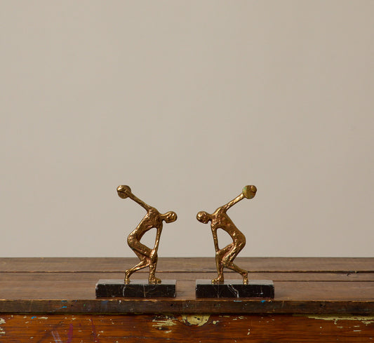 PAIR OF VINTAGE GILT & MARBLE NUDE FIGURE DISCUS THROWER BOOKENDS