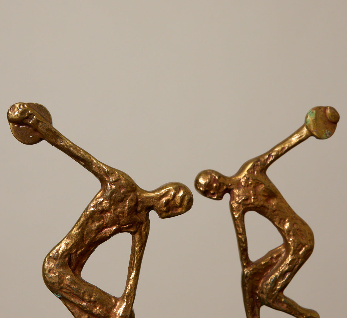 PAIR OF VINTAGE GILT & MARBLE NUDE FIGURE DISCUS THROWER BOOKENDS