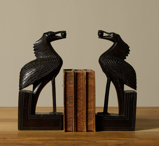 PAIR OF 1940S CARVED WOOD HERON BOOKENDS