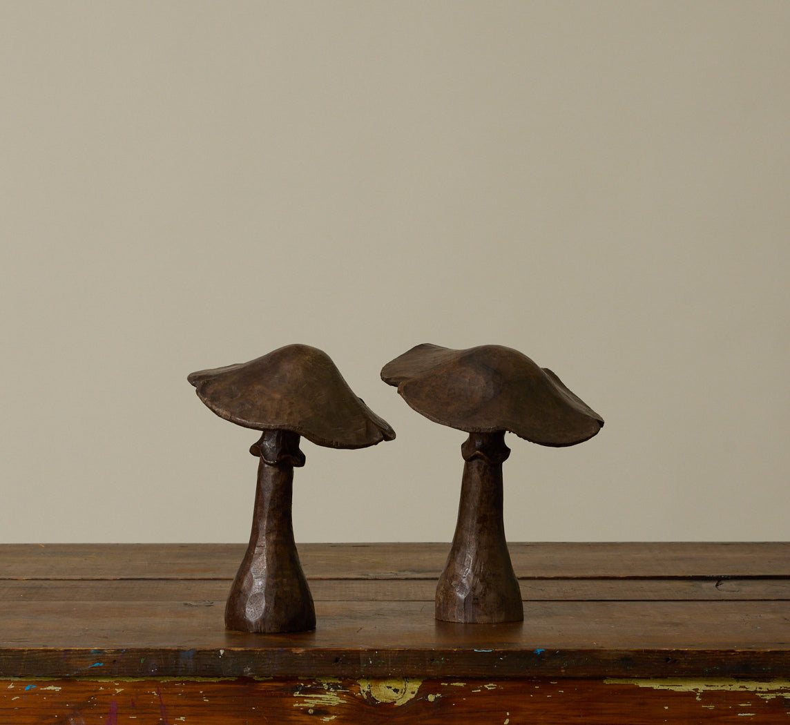 PAIR OF CARVED WOOD MUSHROOMS