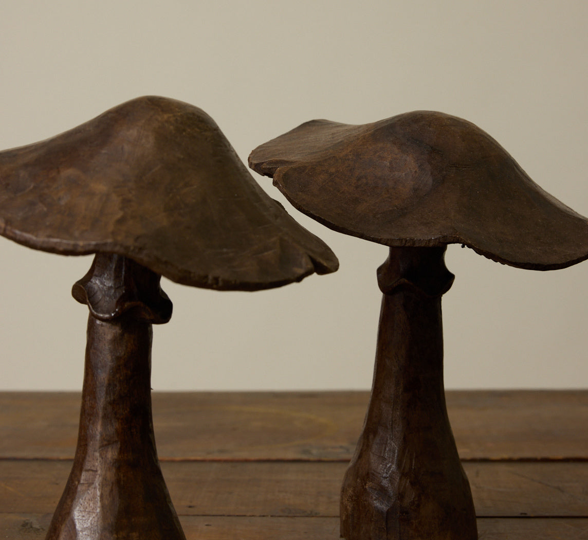PAIR OF CARVED WOOD MUSHROOMS