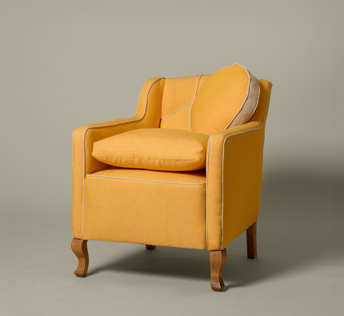 ANTIQUE DUTCH LOUNGE CHAIR IN C&C ITALIA SUNFLOWER LINEN