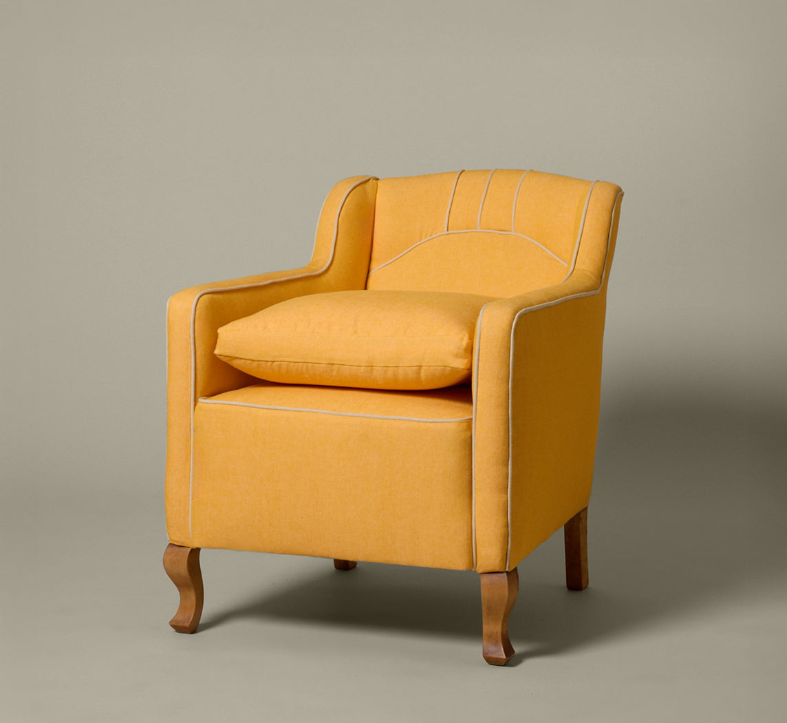 ANTIQUE DUTCH LOUNGE CHAIR IN C&C ITALIA SUNFLOWER LINEN