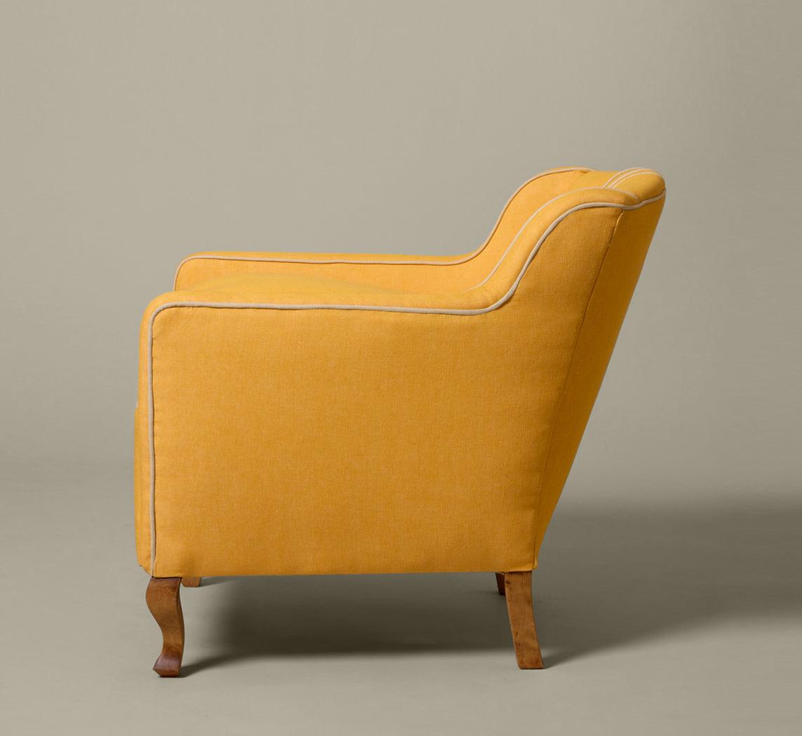 ANTIQUE DUTCH LOUNGE CHAIR IN C&C ITALIA SUNFLOWER LINEN