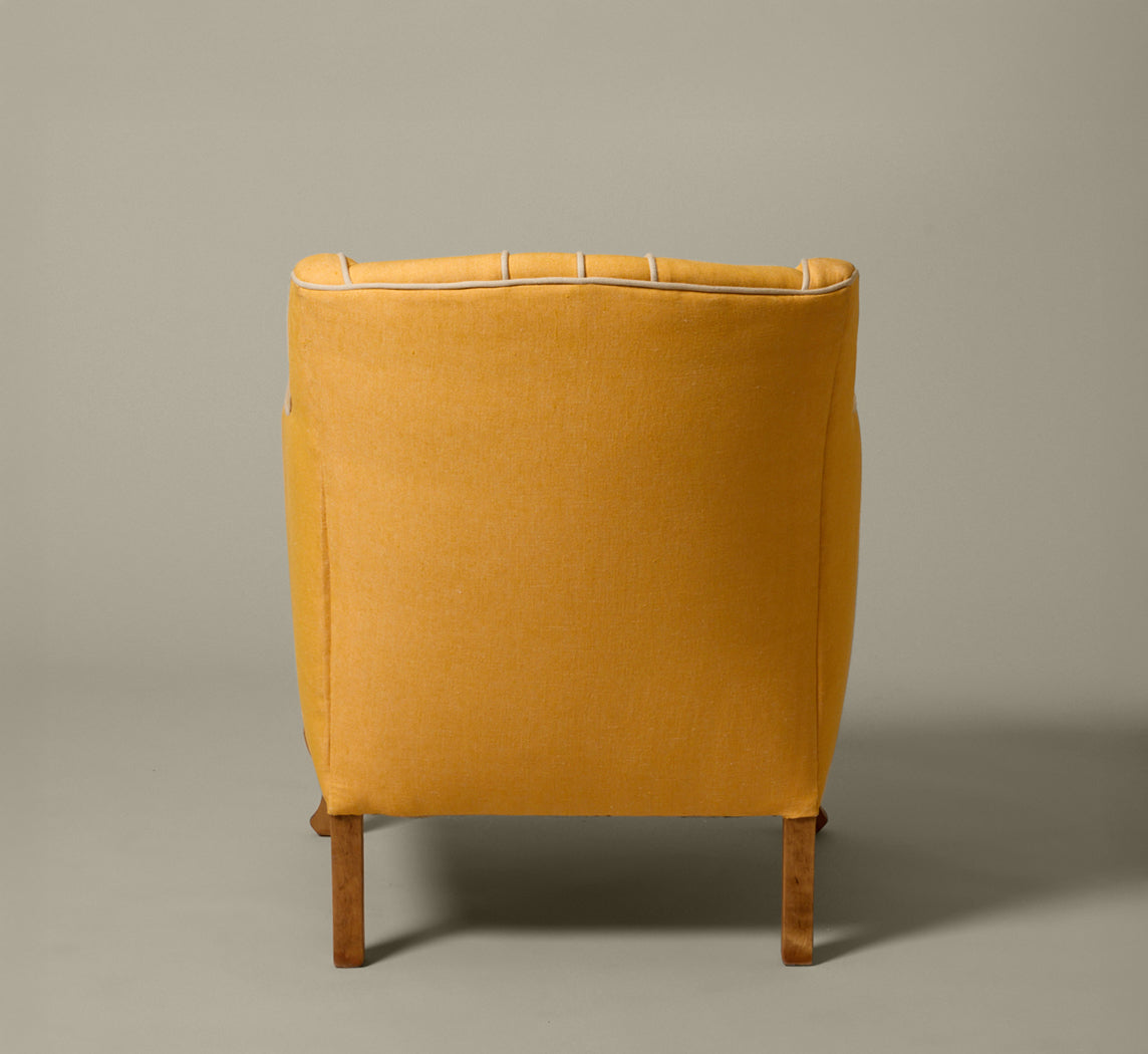 ANTIQUE DUTCH LOUNGE CHAIR IN C&C ITALIA SUNFLOWER LINEN