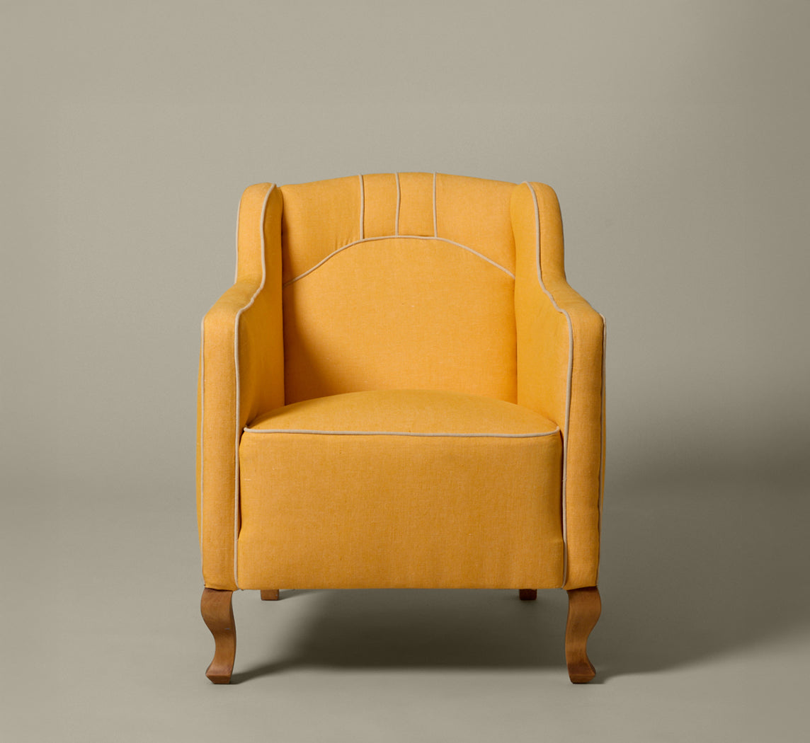 ANTIQUE DUTCH LOUNGE CHAIR IN C&C ITALIA SUNFLOWER LINEN