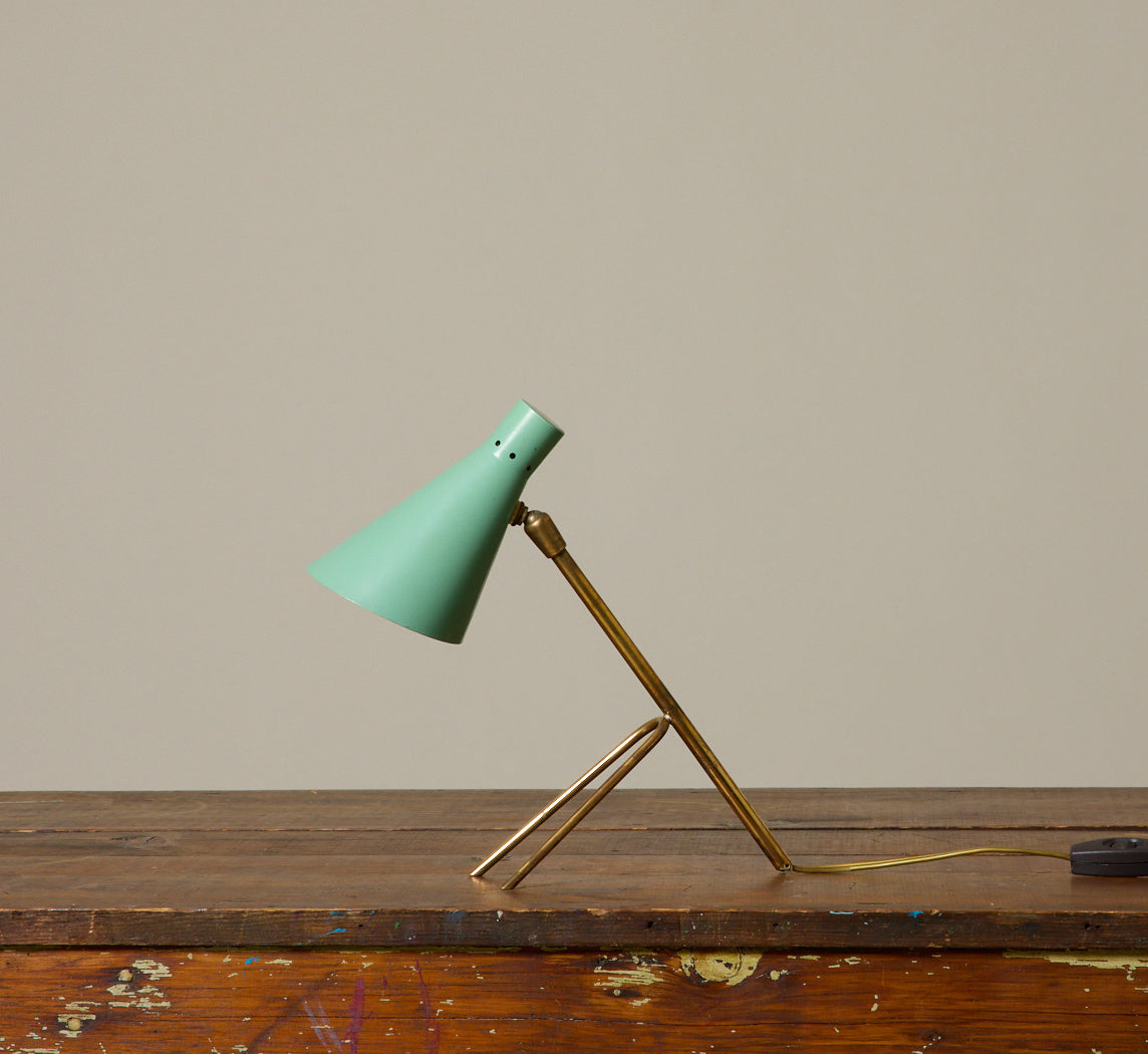 1950S ITALIAN SEA GREEN & BRASS TRIPOD LAMP