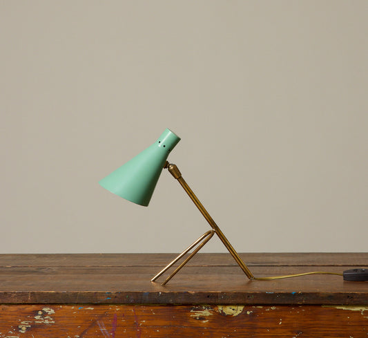 1950S ITALIAN SEA GREEN & BRASS TRIPOD LAMP