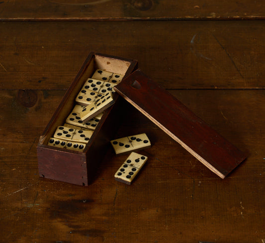 19TH CENTURY BONE AND EBONY DOMINOES SET IN ORIGINAL BOX