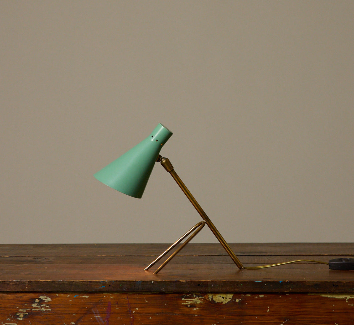 1950S ITALIAN SEA GREEN & BRASS TRIPOD LAMP