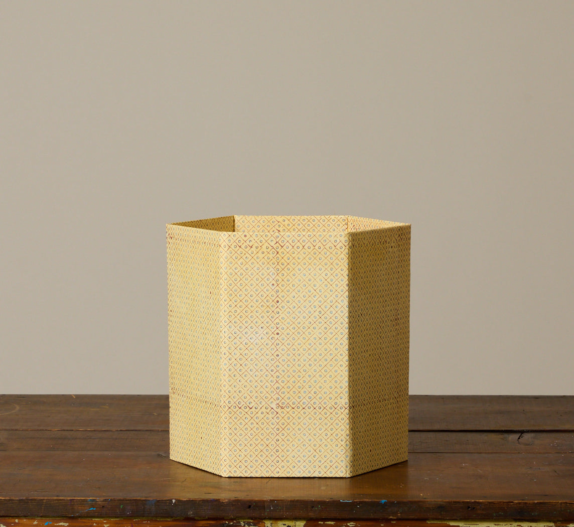 BLOCK PRINTED DOT & GRID HEXAGON COLLAPSIBLE BASKET IN DESERT