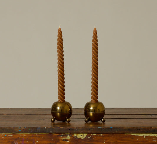 PAIR OF MID CENTURY FOOTED ORB BRASS CANDLESTICK HOLDERS II
