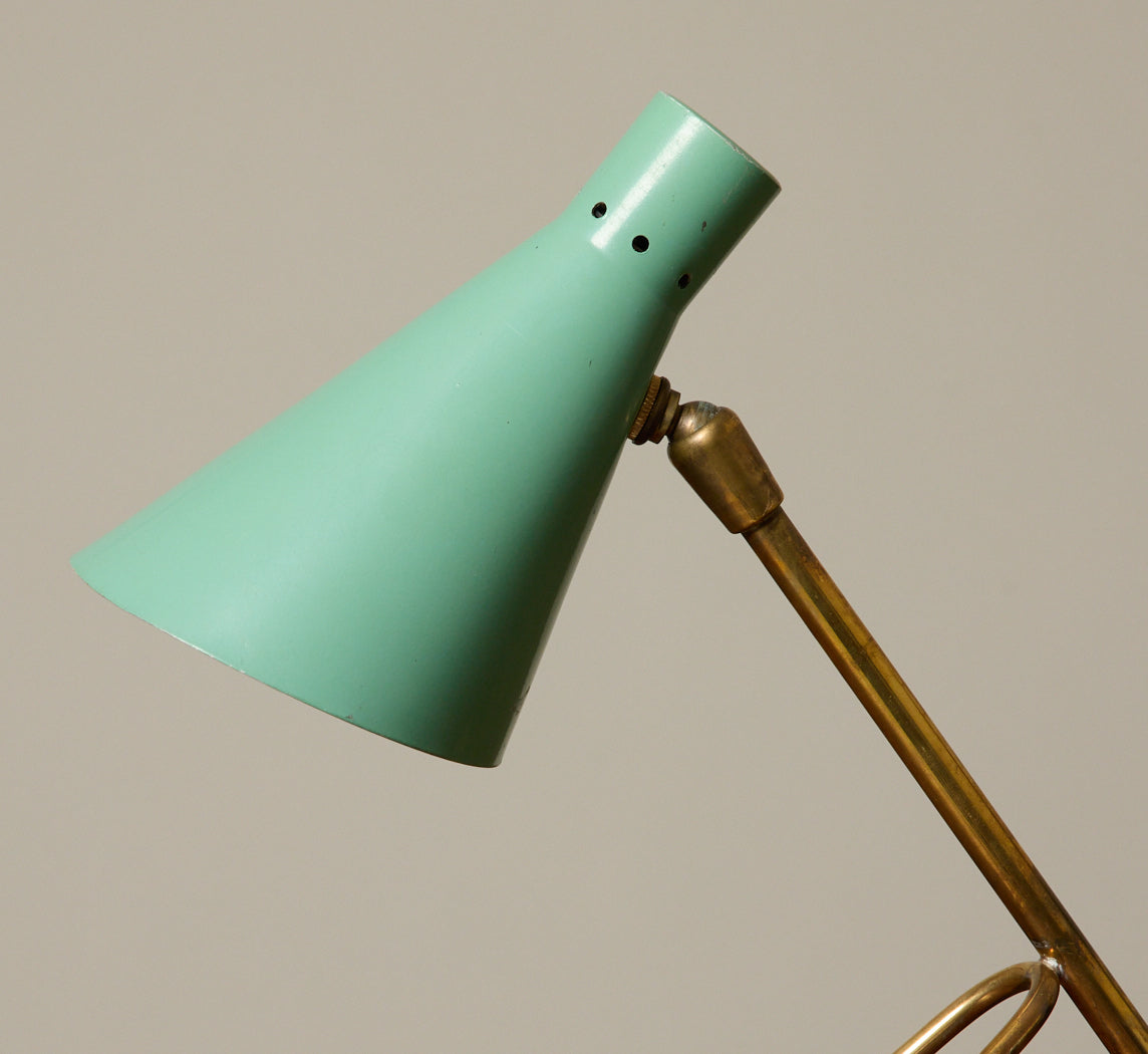 1950S ITALIAN SEA GREEN & BRASS TRIPOD LAMP
