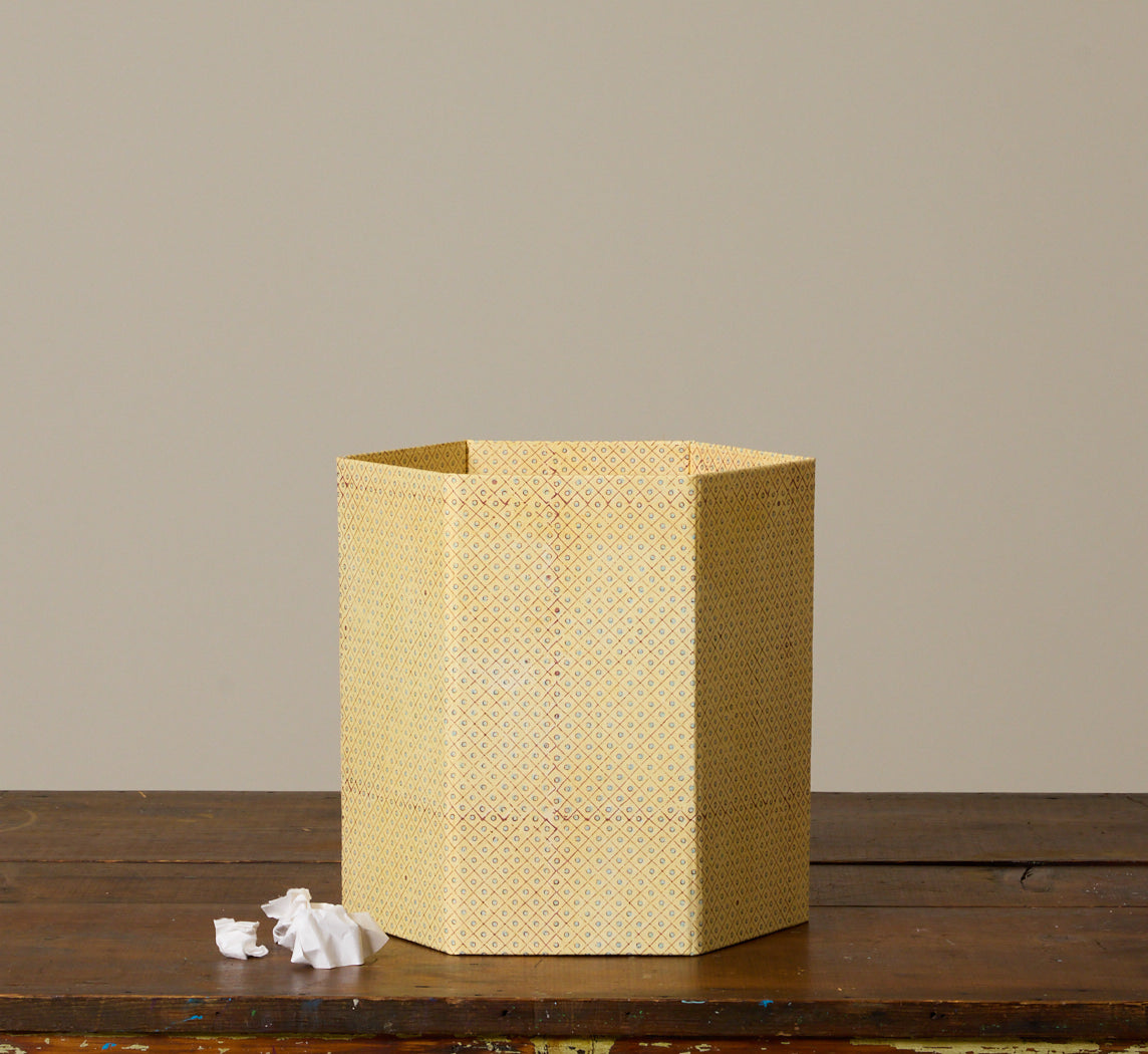 BLOCK PRINTED DOT & GRID HEXAGON COLLAPSIBLE BASKET IN DESERT