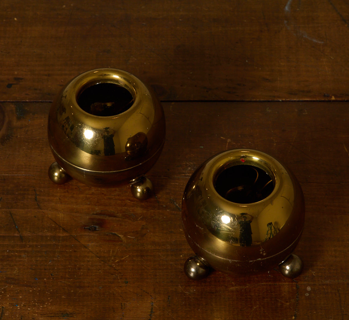 PAIR OF MID CENTURY FOOTED ORB BRASS CANDLESTICK HOLDERS II