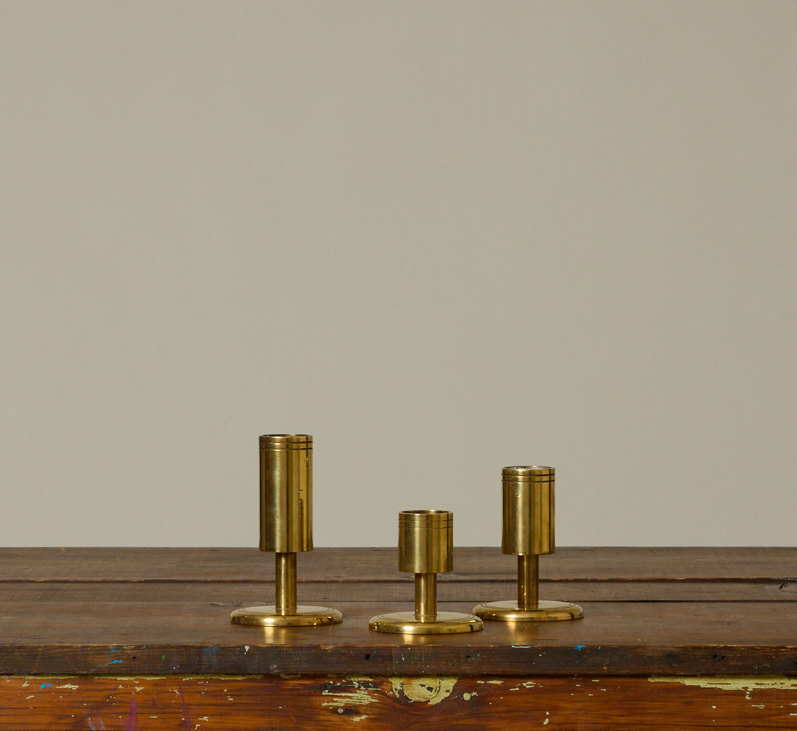 SET OF 3 DANISH MIDCENTURY BRASS CANDLESTICK HOLDERS