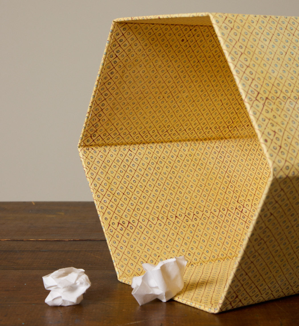 BLOCK PRINTED DOT & GRID HEXAGON COLLAPSIBLE BASKET IN DESERT