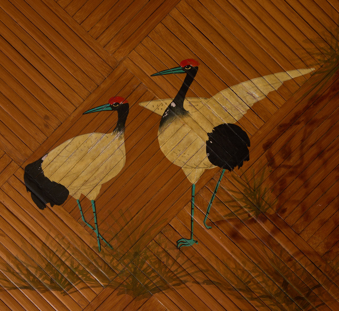 ENGLISH BAMBOO TABLE WITH PAINTED CRANES, CIRCA 1960