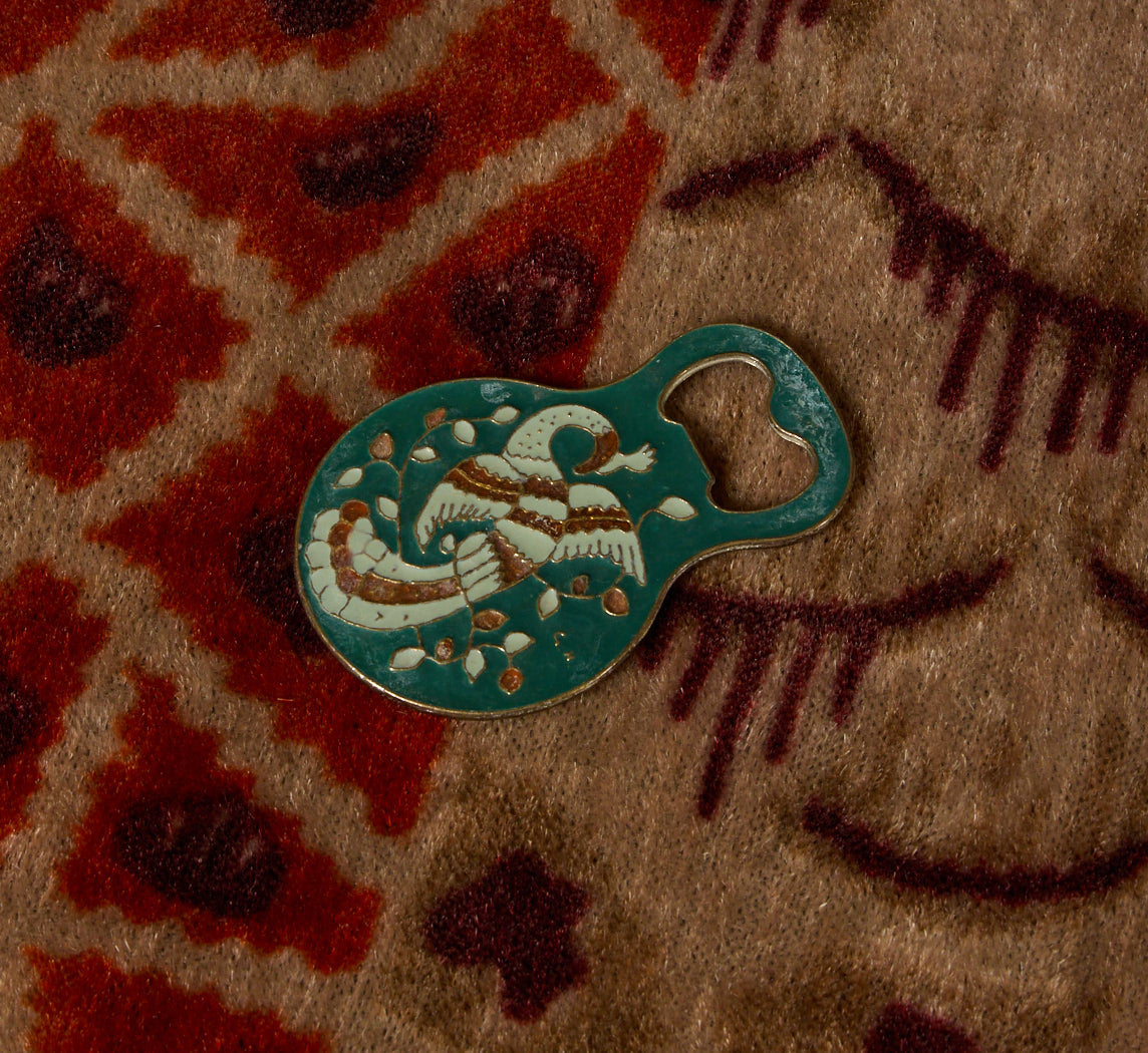 VINTAGE FLORAL PEACOCK ENAMEL BOTTLE OPENER