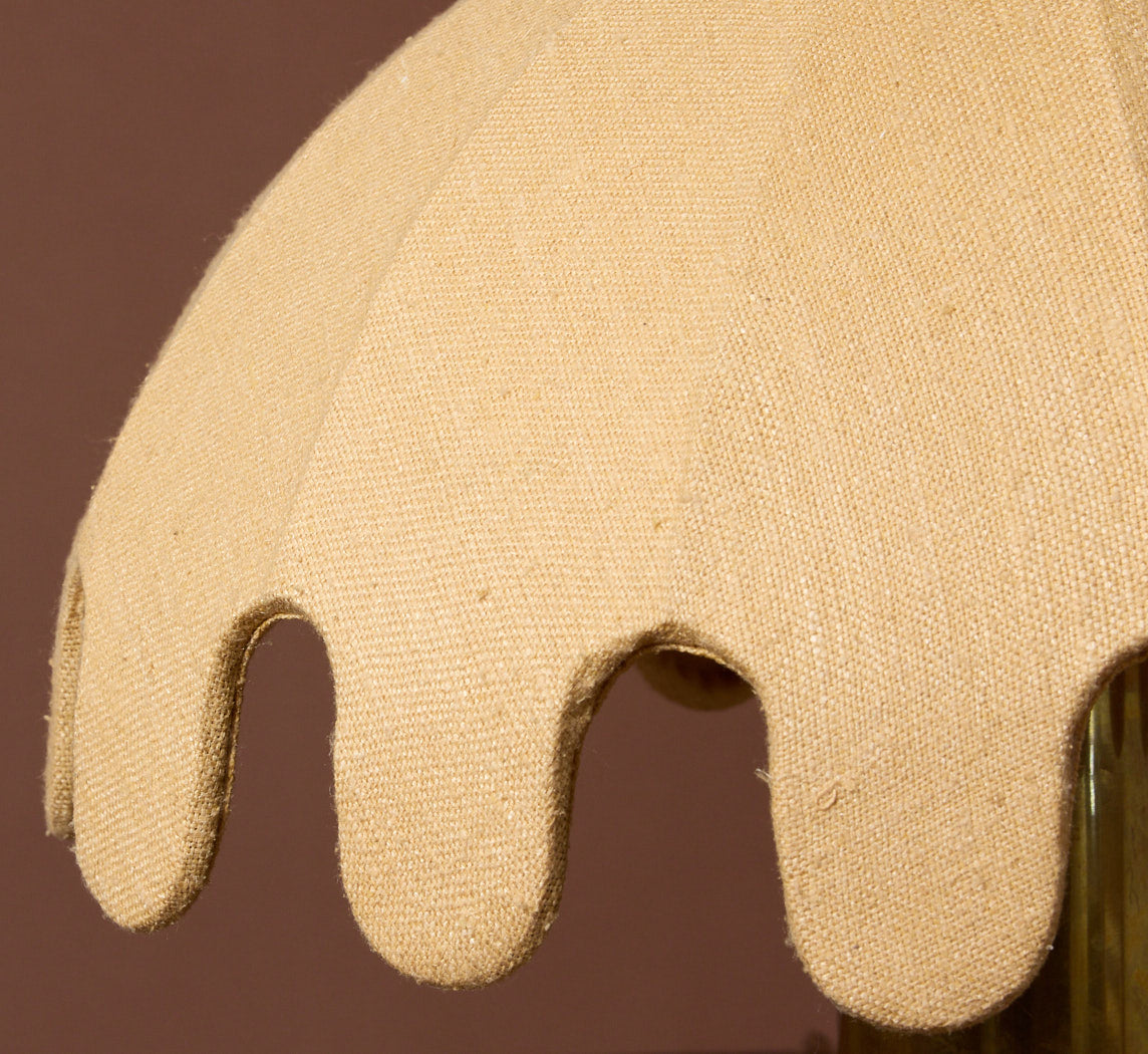 PAIR OF POSTMODERN BRASS TABLE LAMP BASES WITH MEDUSA SHADES IN BUTTER RAW SILK