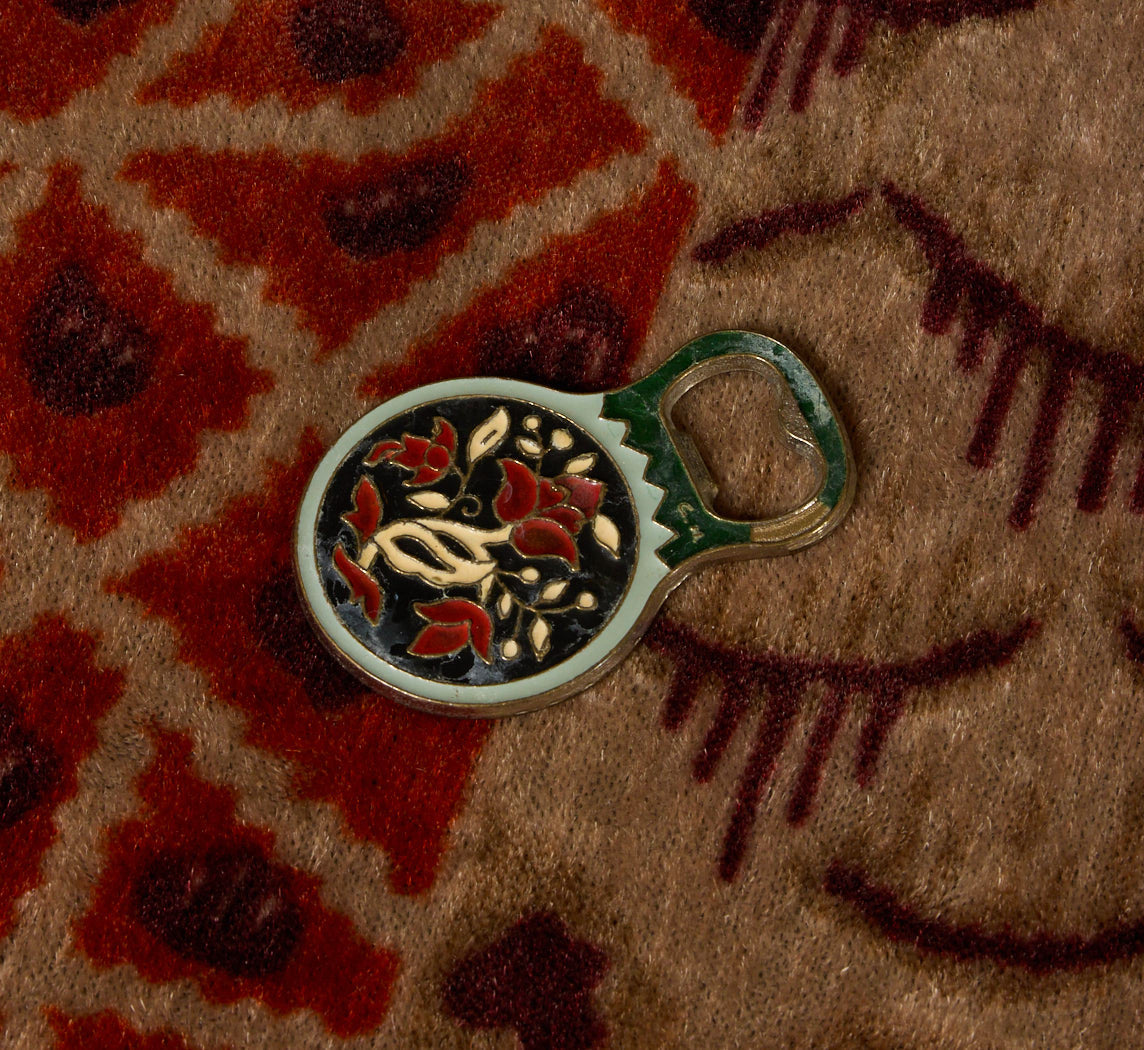 VINTAGE FLORAL PEACOCK ENAMEL BOTTLE OPENER