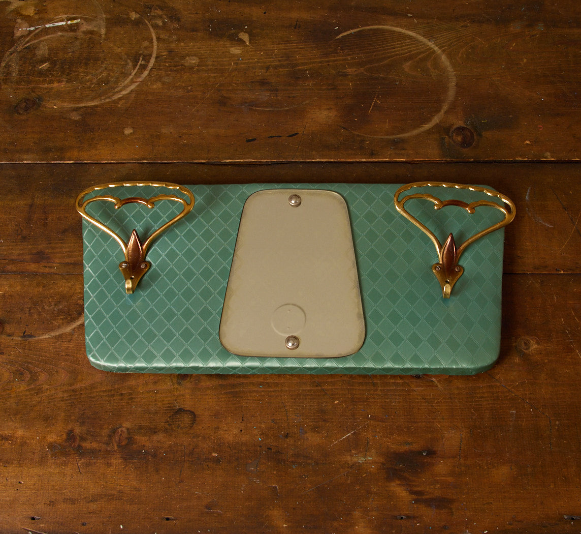 1950S ITALIAN GREEN & BRASS WALL RACK WITH MIRROR