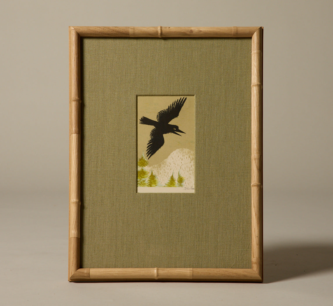 20TH CENTURY BLACK BIRD WOODBLOCK PRINT