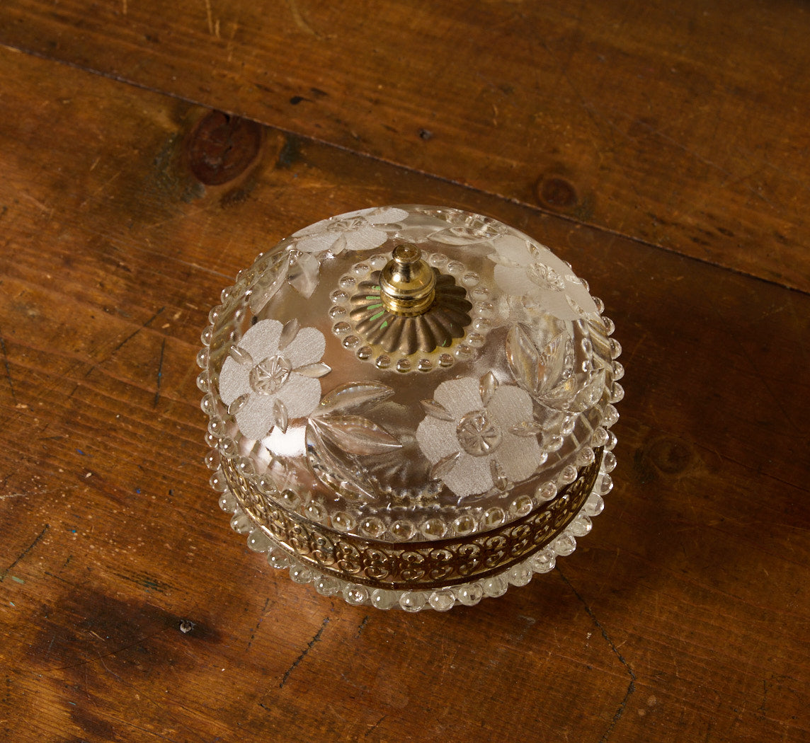 VINTAGE ITALIAN FLORAL ETCHED GLASS TRINKET DISH