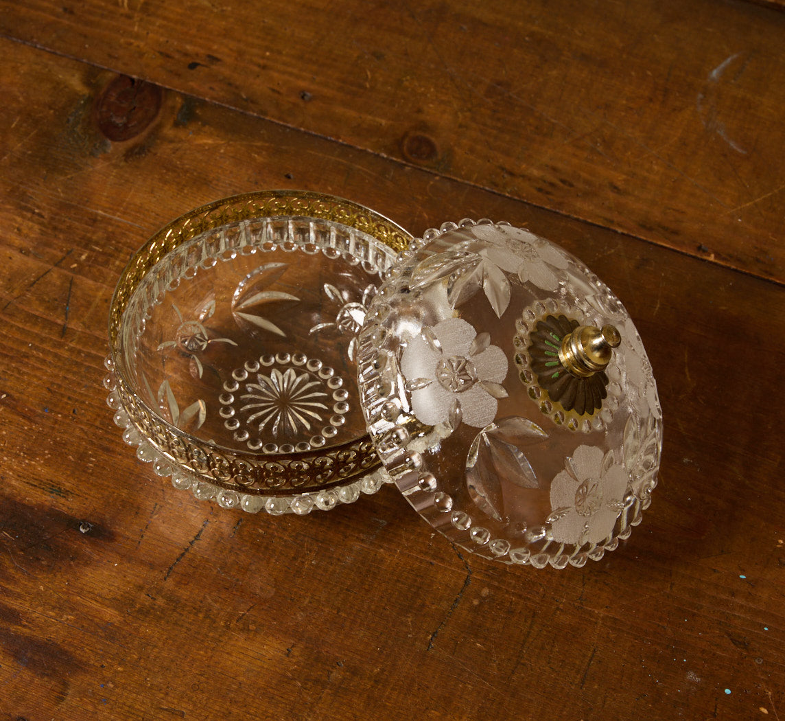 VINTAGE ITALIAN FLORAL ETCHED GLASS TRINKET DISH