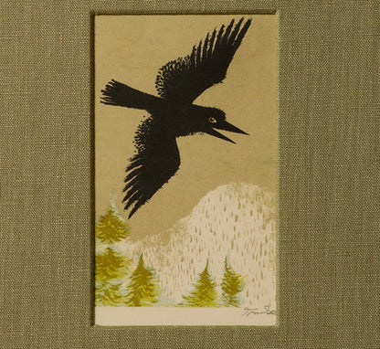 20TH CENTURY BLACK BIRD WOODBLOCK PRINT