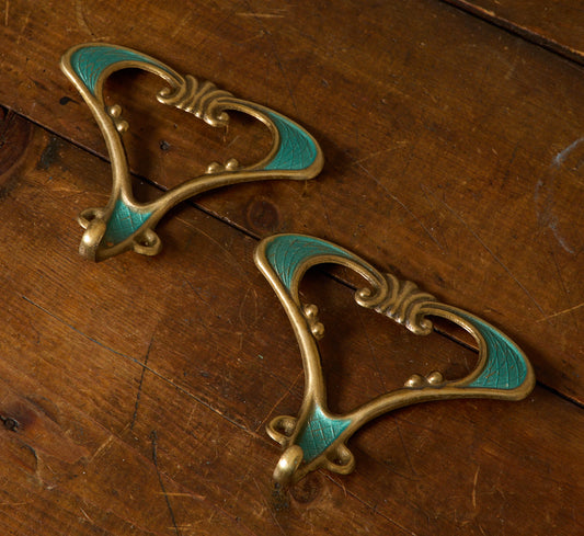 PAIR OF 1950S ITALIAN SEA GREEN & BRASS WALL HOOKS