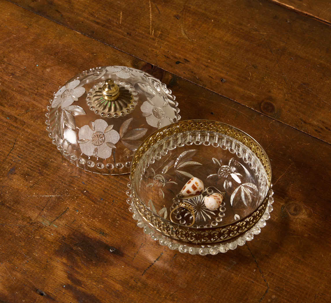 VINTAGE ITALIAN FLORAL ETCHED GLASS TRINKET DISH