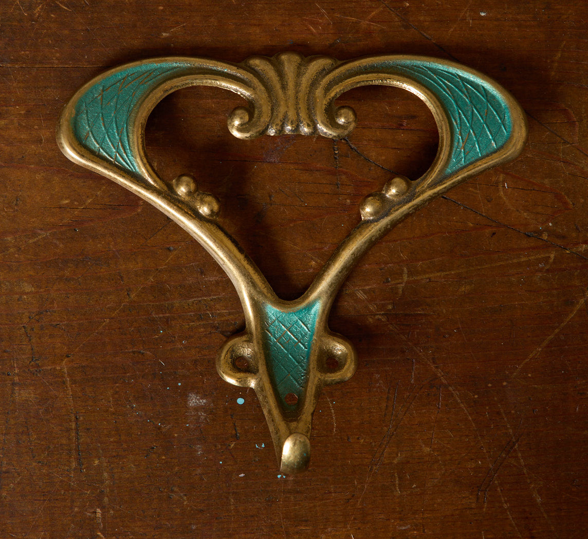 PAIR OF 1950S ITALIAN SEA GREEN & BRASS WALL HOOKS