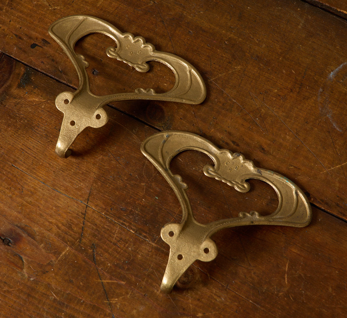 PAIR OF 1950S ITALIAN SEA GREEN & BRASS WALL HOOKS